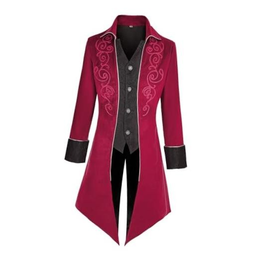 MOFOVELY Men Victorian Steampunk Tailcoat Pirate Coat Jacket XX-Large Red MOFOVELY Men Victorian Steampunk Tailcoat Pirate Coat Jacket XX-Large Red