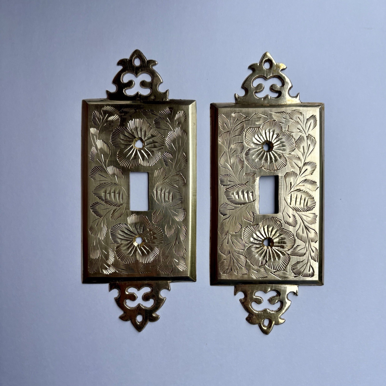 Pair Vintage Indian Brass Light Switch Covers Hand Etched Floral Toggle Plates 2