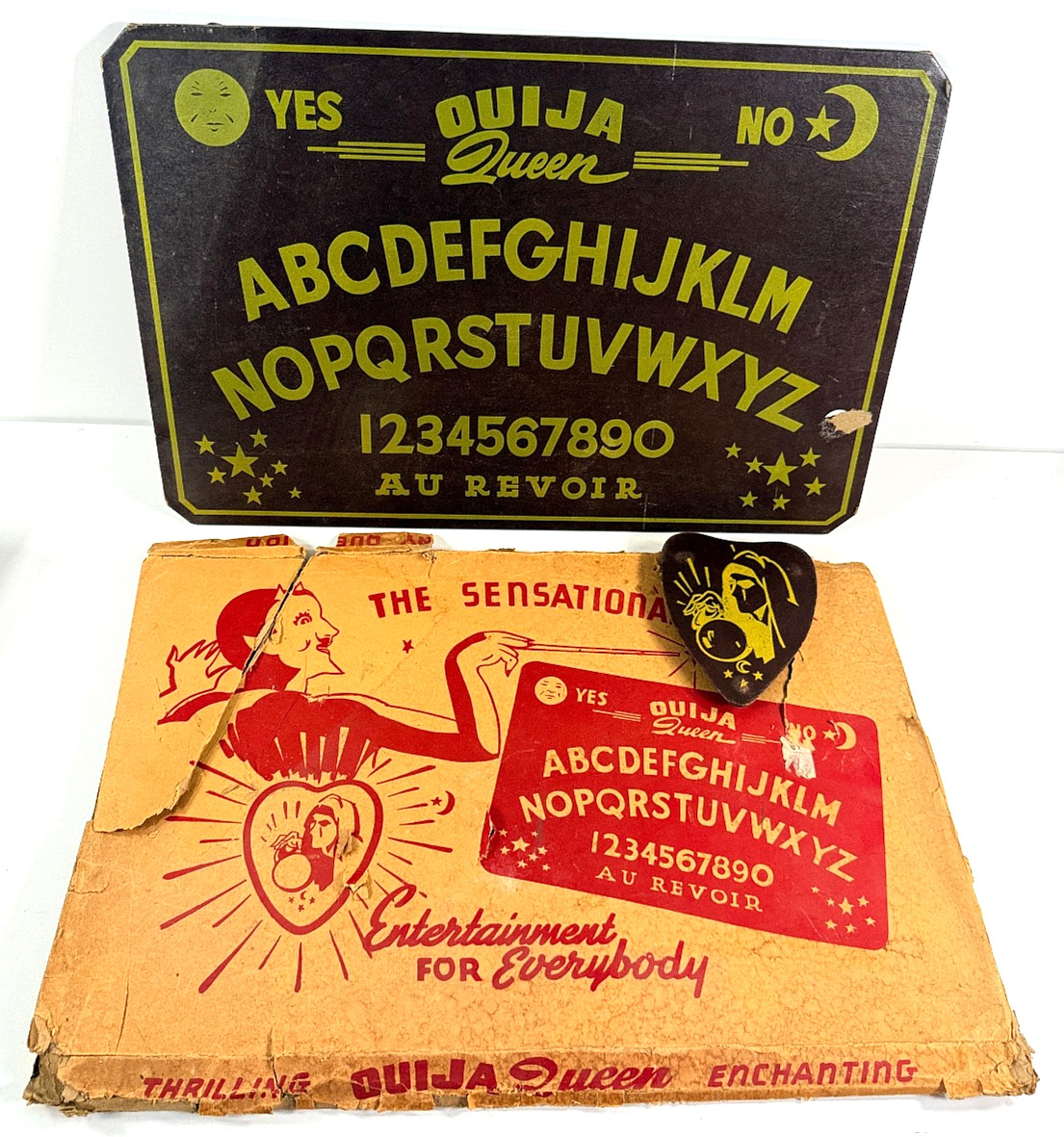 vtg RARE 1940\'s Ouija Queen Board w/ Box & Planchette 