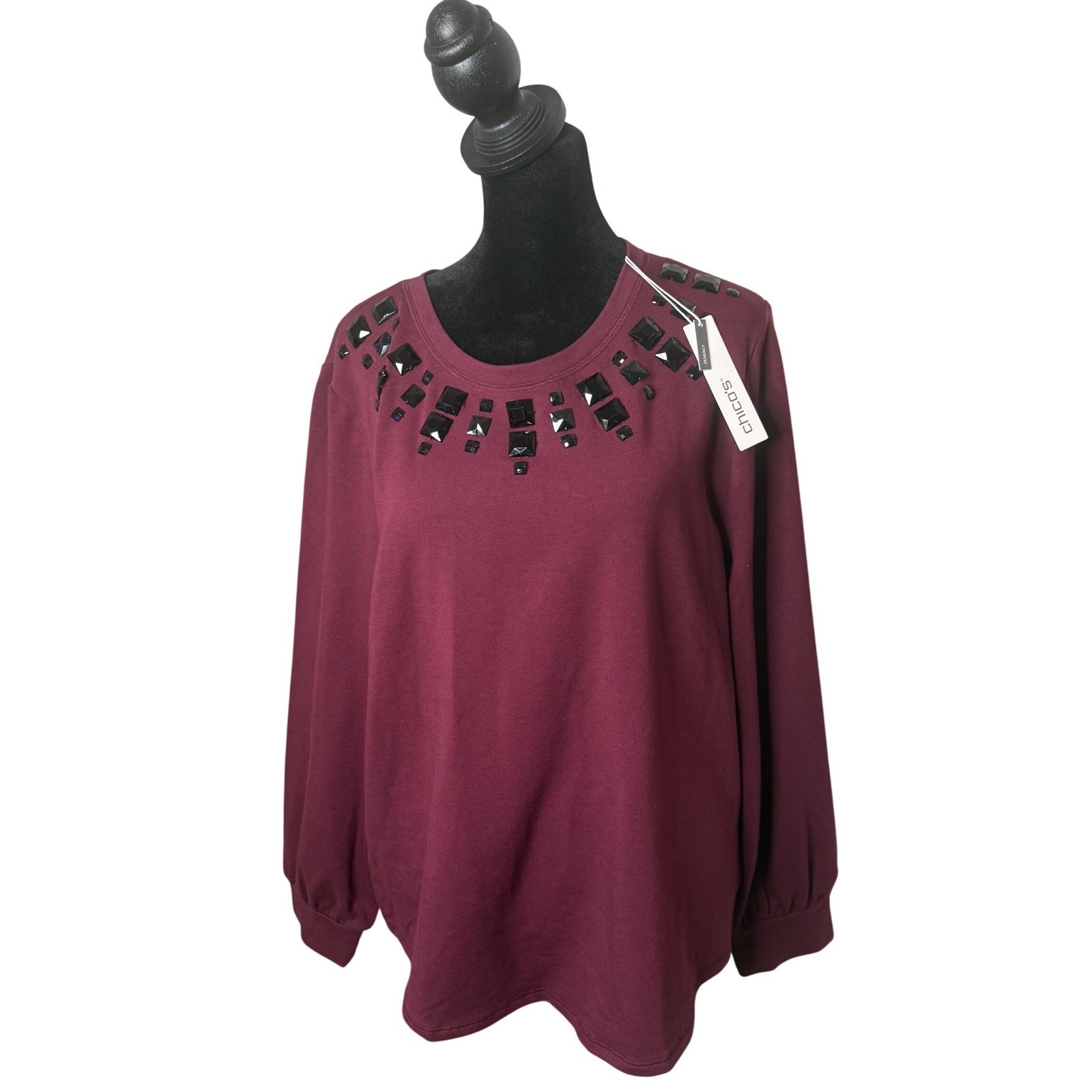 Chico\'s Beaded Balloon Puff Sleeve French Terry Knit Top Women\'s L Pullover NEW