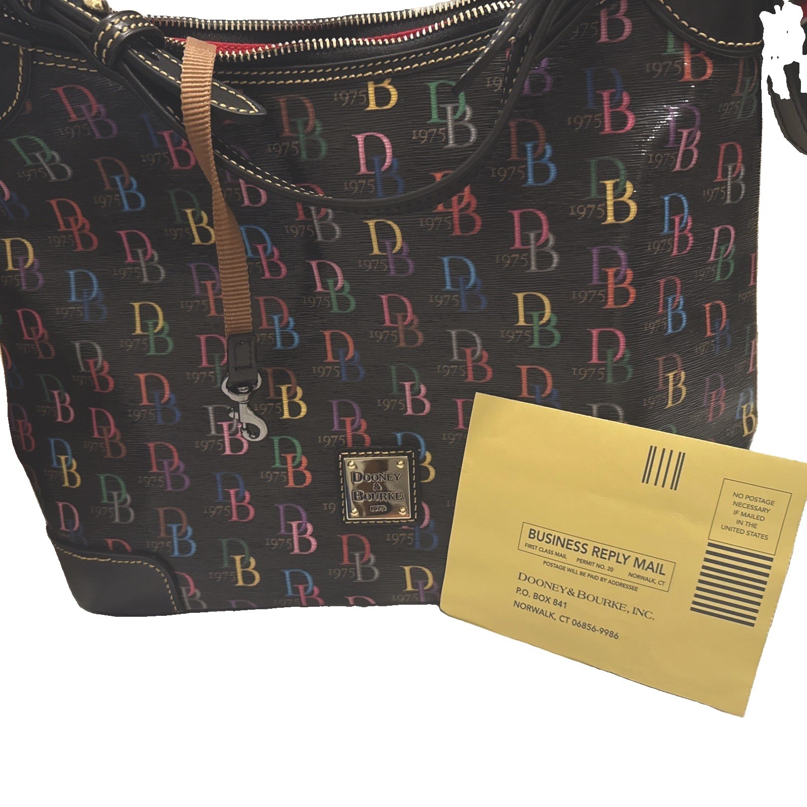 NEW Dooney & Bourke Logo Print Zip Shoulder Bag Black Multicolor HOT Red Lining