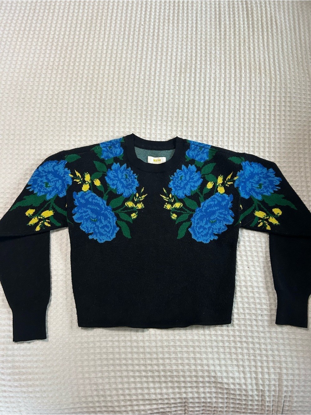 Maeve Anthropologie Black Knit Sweater Blue Floral Cottagecore Statement XXS Top