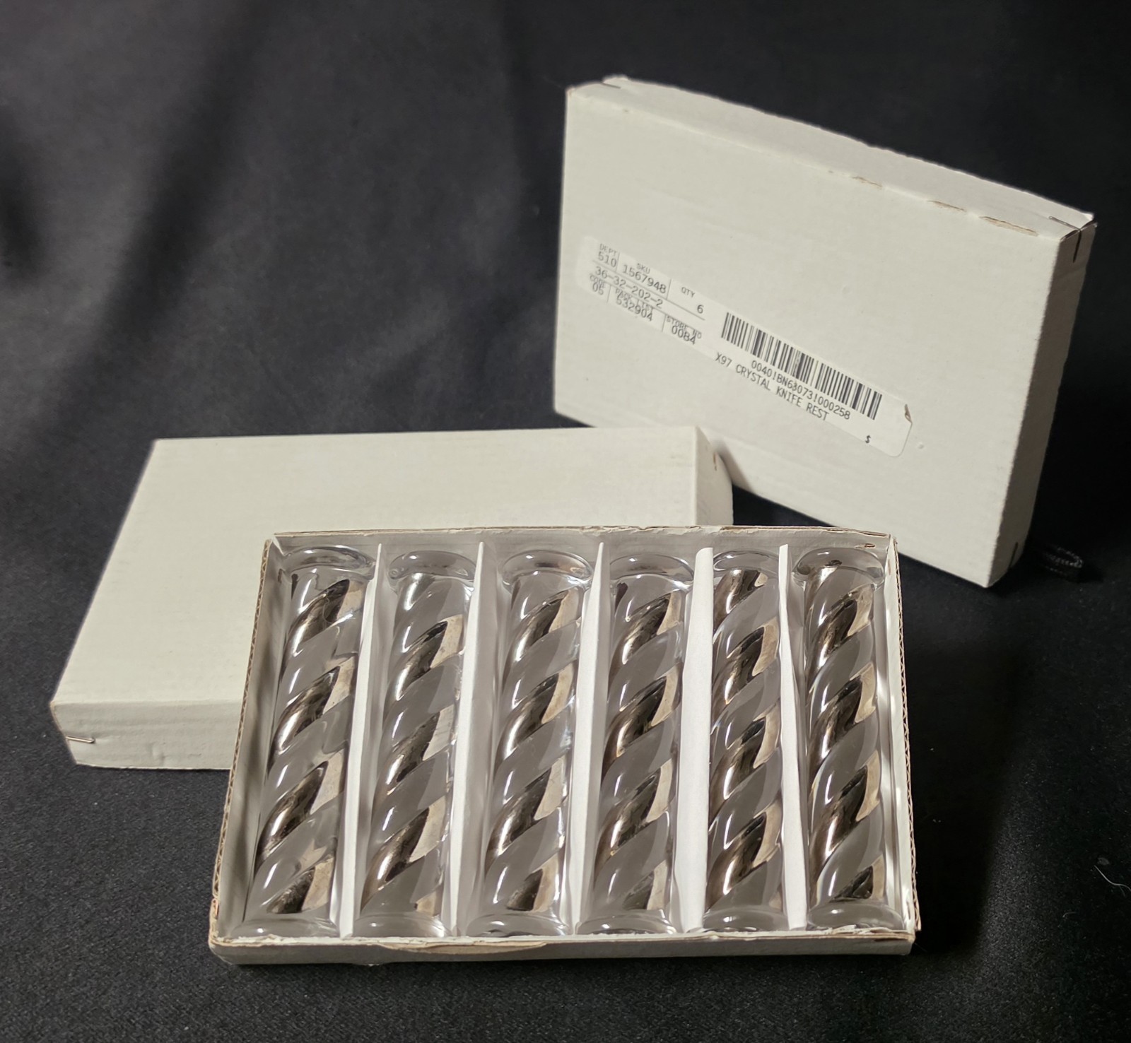 Vintage Pier 1 Crystal Glass Knife Rests Bamboo Twist Set of 12 Hungary NIB
