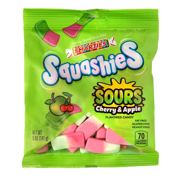 Smarties Squashies Sours Gummy Cherry & Apple Flavored Candy, 5 oz