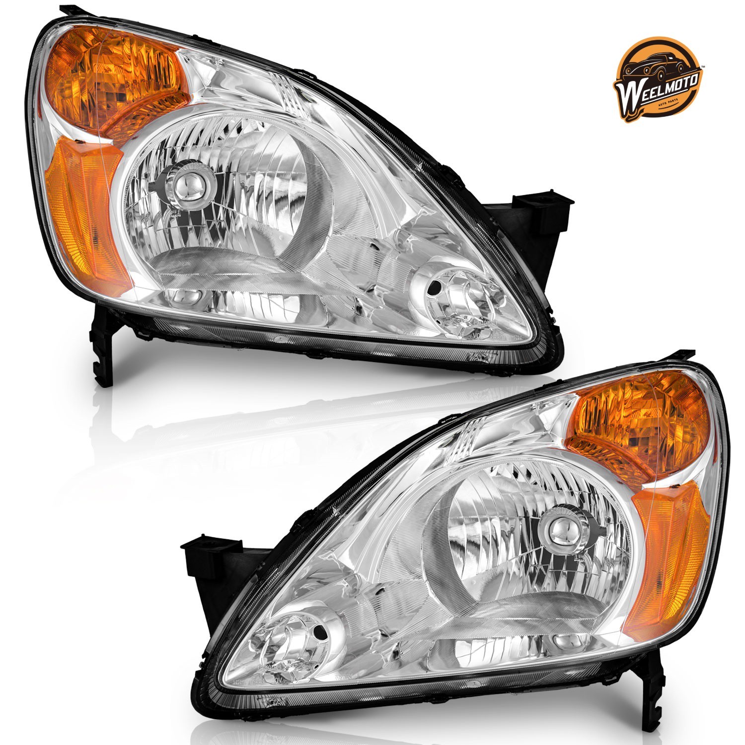 WEELMOTO Pair Headlights For 2002-2004 Honda CR-V CRV Chrome Headlamps w/o bulbs