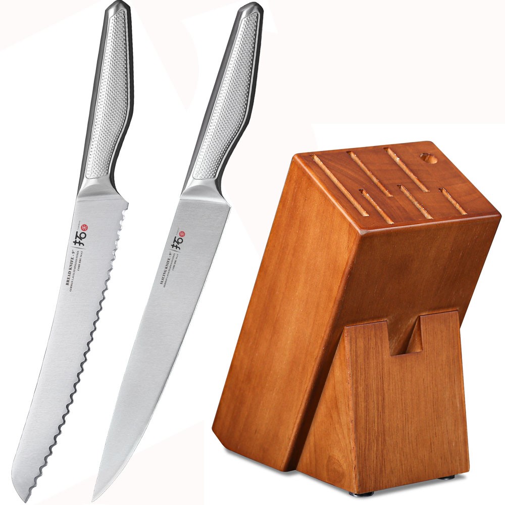 3Pcs TURWHO 9inch Kitchen Slicing Knife Set German Steel Bread Knife Block Set