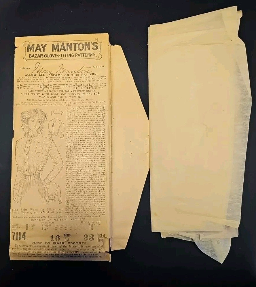 Antique 1910s May Mantons 7114 Sewing Pattern Shirt Waist w/Body Sleeves in One