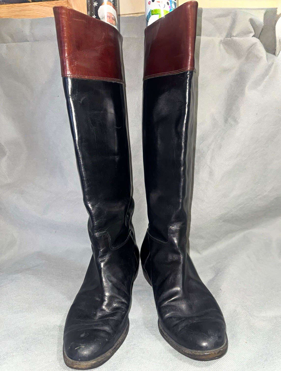 VINTAGE Salvatore Ferragamo Two-Tone Leather Riding Boots Black Brown Size 8 B