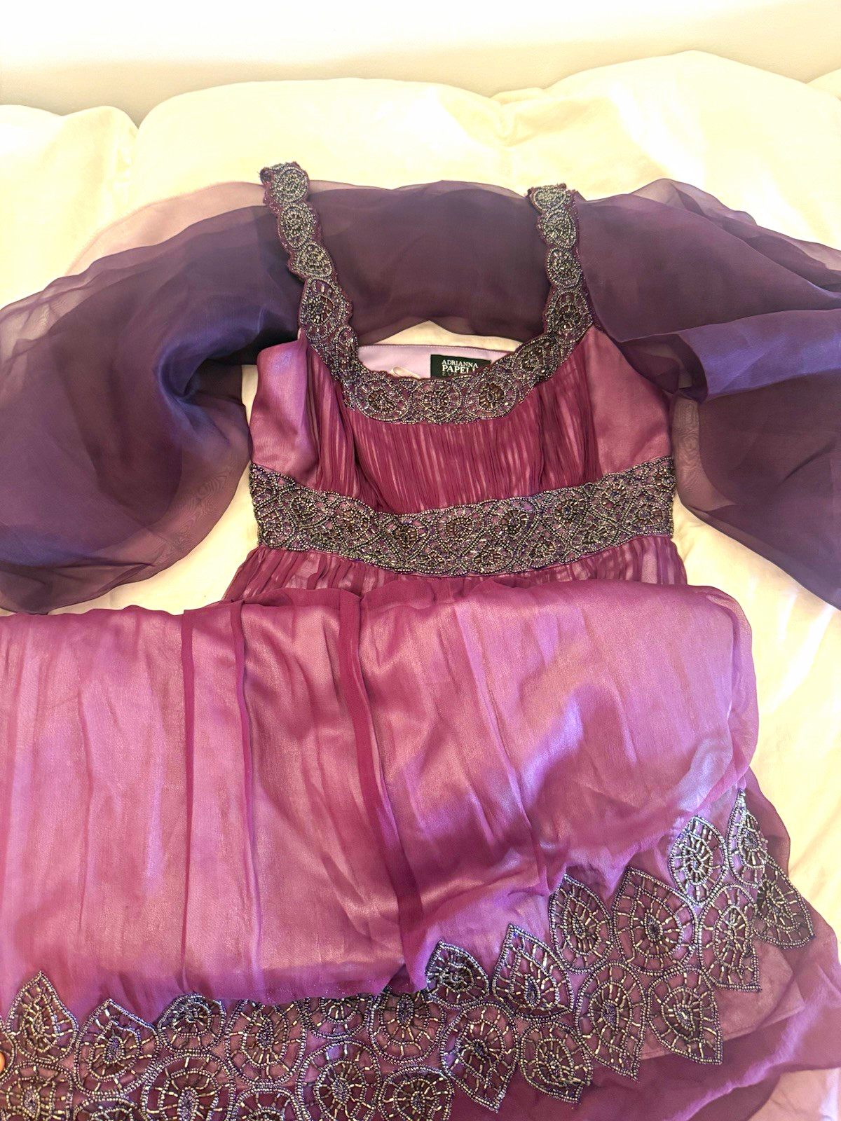 Adrianna Papell Purple Silk Chiffon Beaded Lined A-Line Scoop Neck Long 8 Adrianna Papell Purple Silk Chiffon Beaded Lined A-Line Scoop Neck Long 8