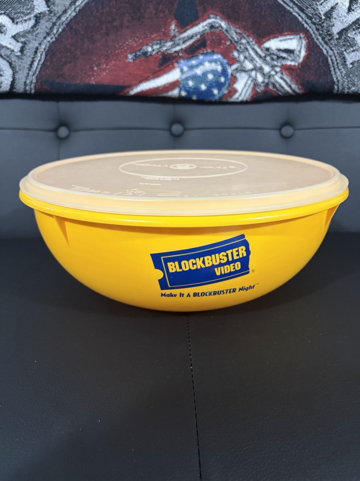 Vintage 90s Blockbuster Tupperware Popcorn Bowl Yellow 12 Inch With Lid USA
