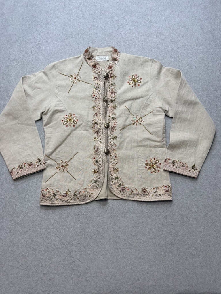 FLASHBACK COUTURE Womens Embroidered Beaded Jacket Beige Multicolor Mandarin