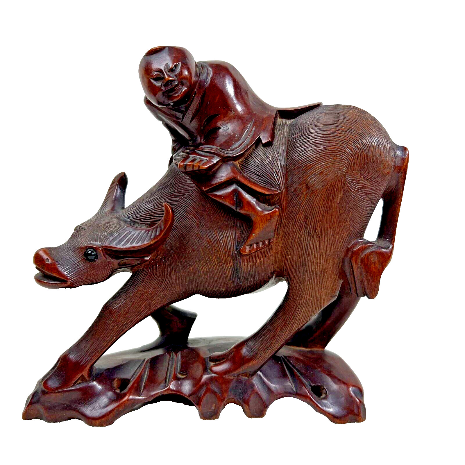 VTG Hand Carved Wood Asian Man Riding Buffalo Intricate Detail Glass Eyes MCM VTG Hand Carved Wood Asian Man Riding Buffalo Intricate Detail Glass Eyes MCM