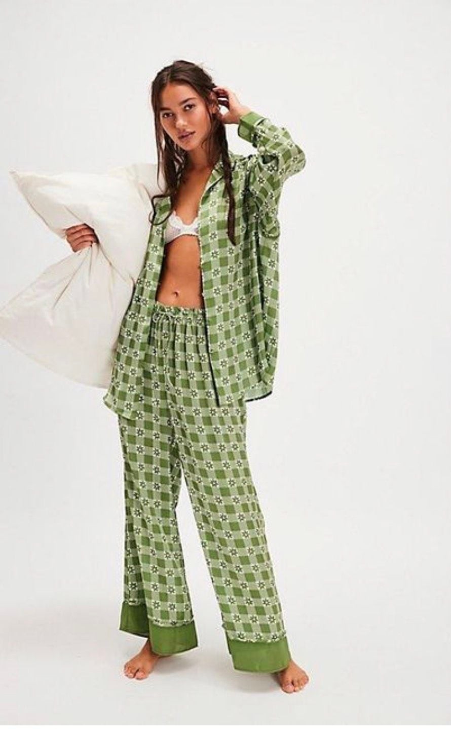 Intimately Free People Dreamy Days Pajama Set small Green Floral Check PJS