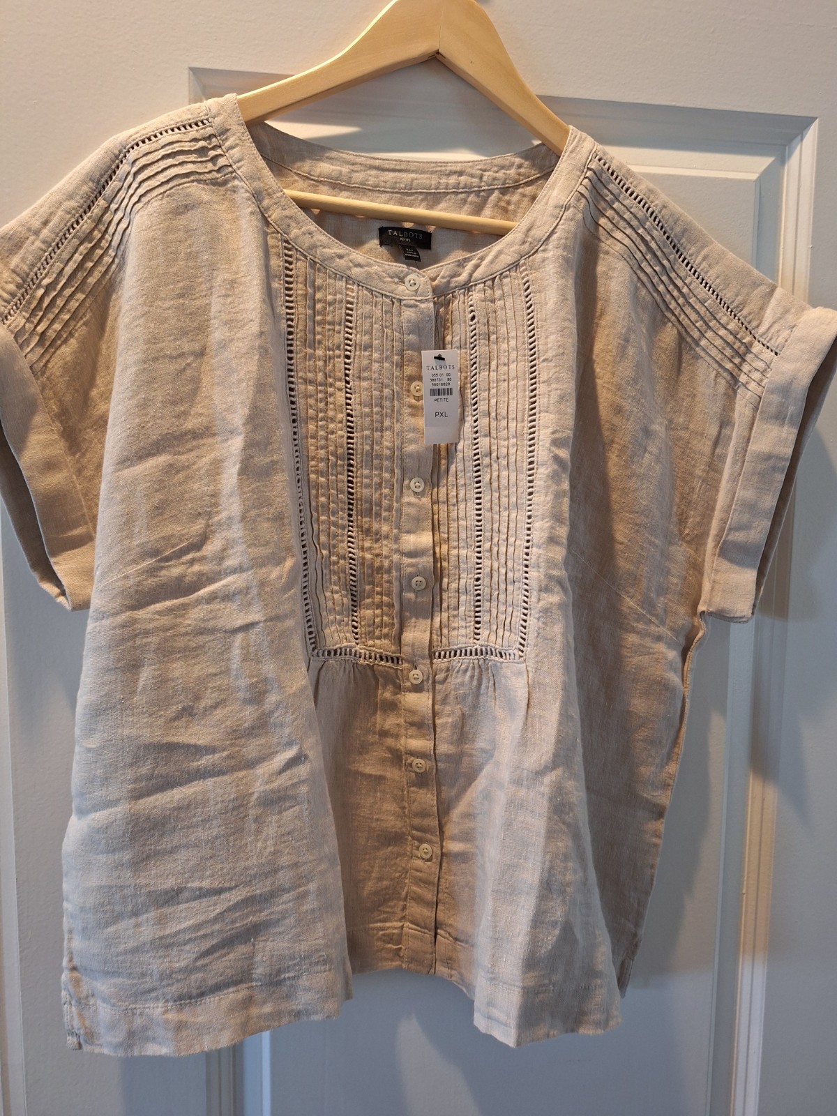 Talbots 100% Linen Short Sleeve Blouse XLP New with Tags Pleated Front