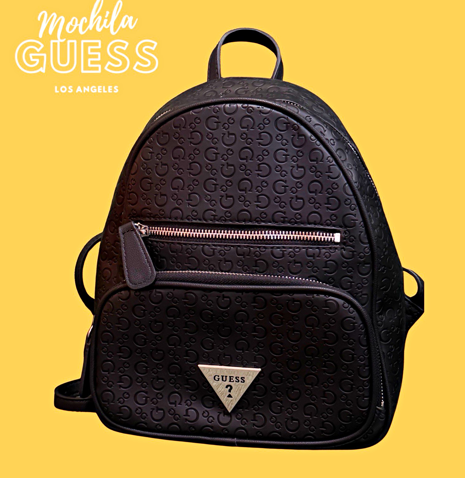 GUESS Black Embossed Logo Backpack Zip Closure Adjustable Straps Inner Pockets
