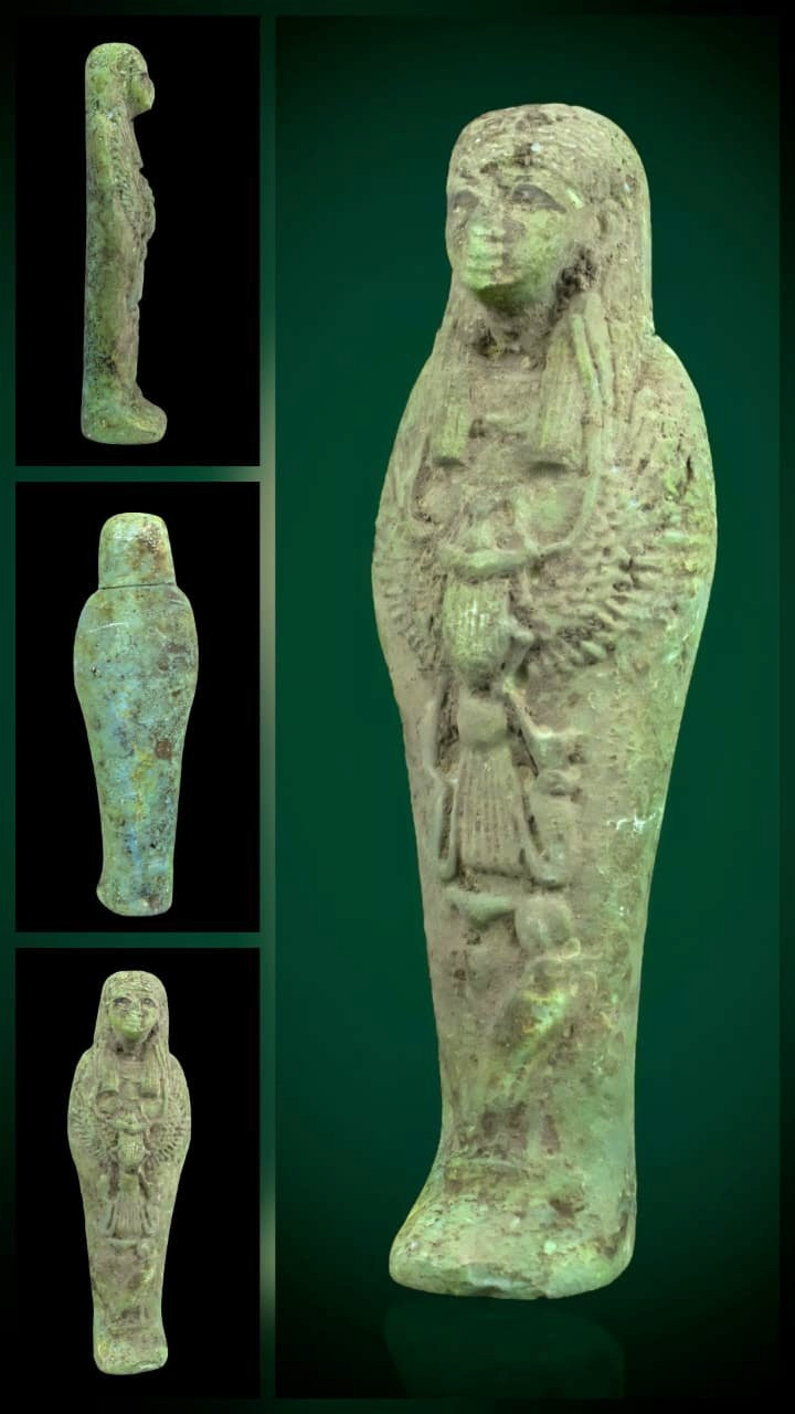 Egyptian Ushabti Shabti Figure Green Faience Funerary Statue Hieroglyphs BC
