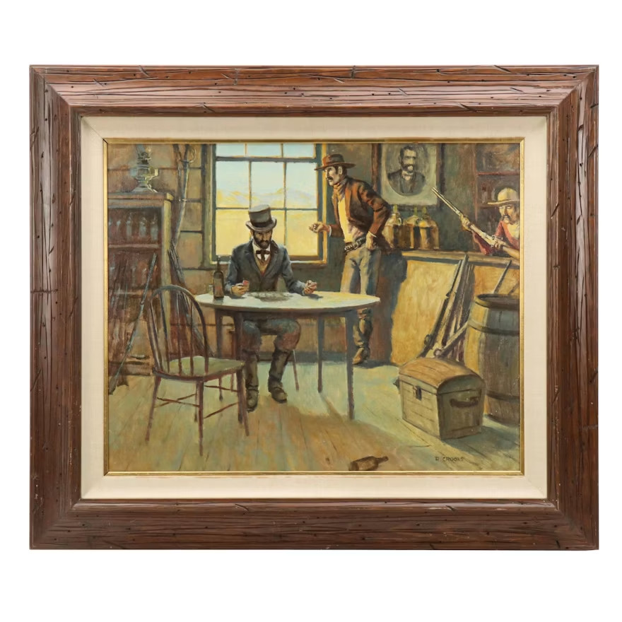 Vintage Ronald Crooks Western Scene Oil Painting -gambling soloon, cowboys-