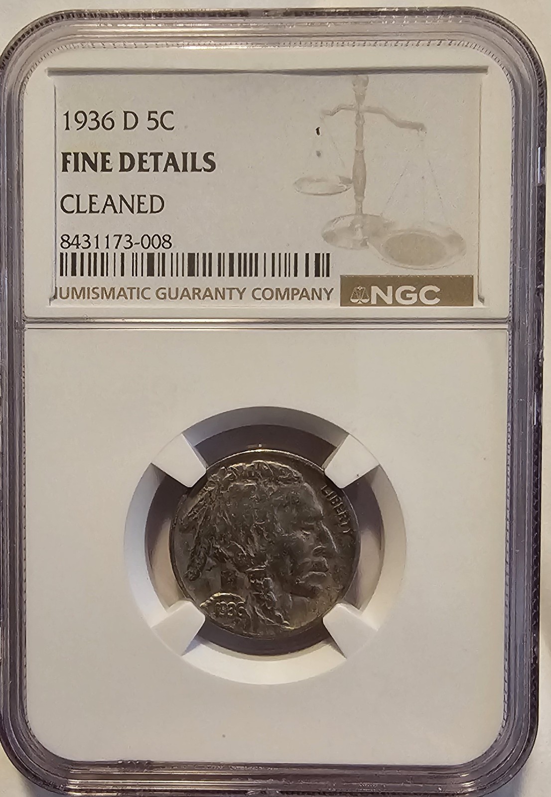 1936 D Buffalo Nickel / NGC Fine Details /Nice Toning / Cleaned 