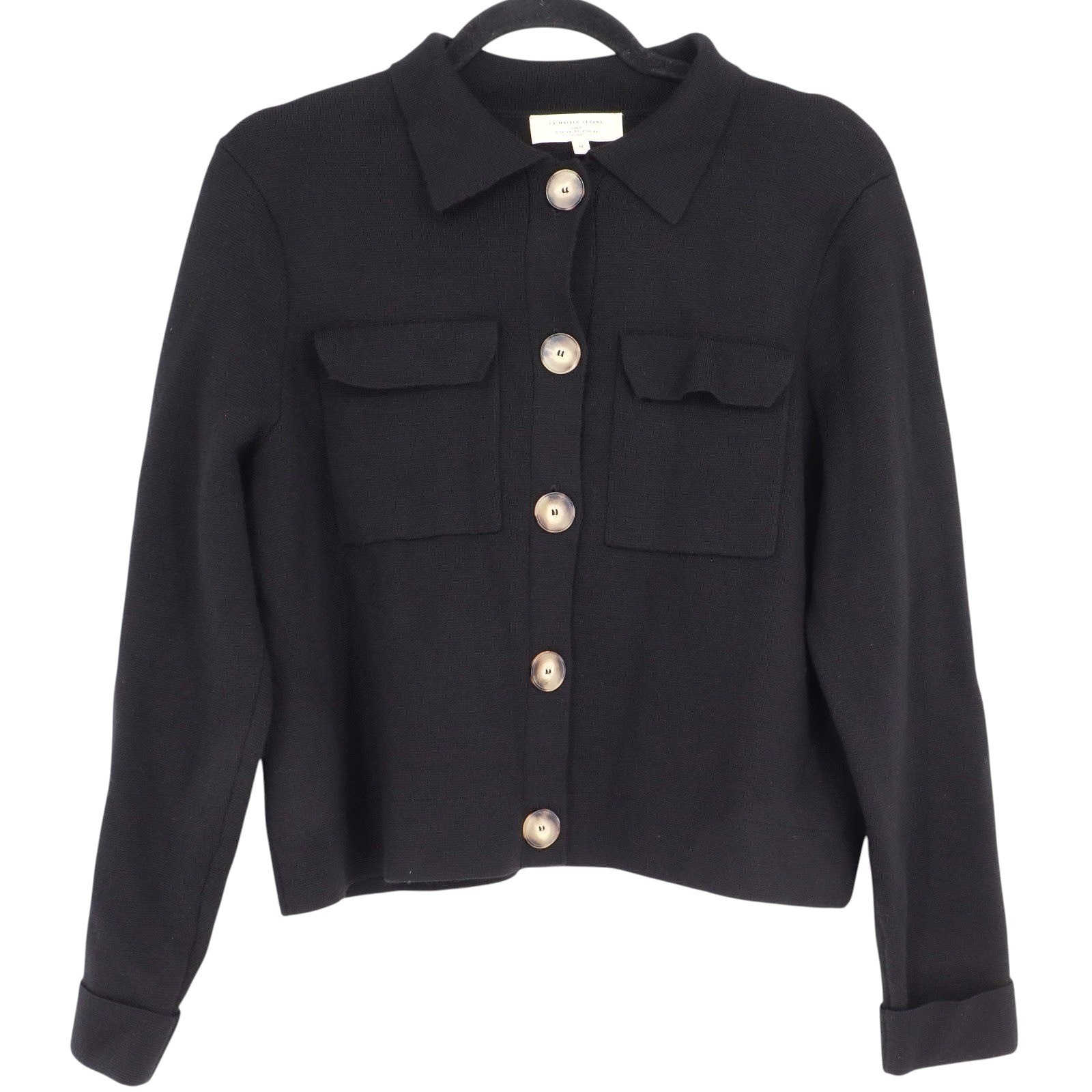 Sezane Women\'s Betty Merino Cardigan Size M Black Wool Knit Boxy Sweater