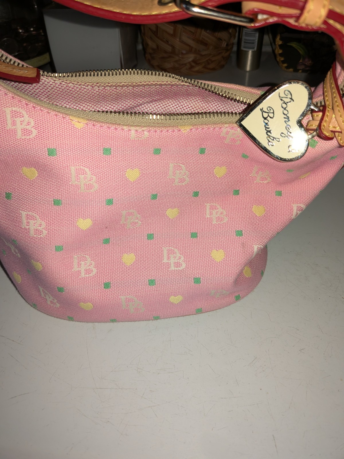 Dooney & Bourke Pink Pebbled Shoulder Bag Zip Top Brown Strap Gold Hardware