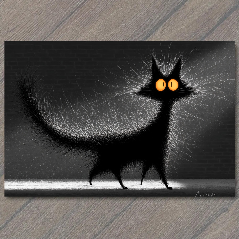 POSTCARD Black Cat Glowing Eyes Spooky Alley Halloween Night Shadow Art