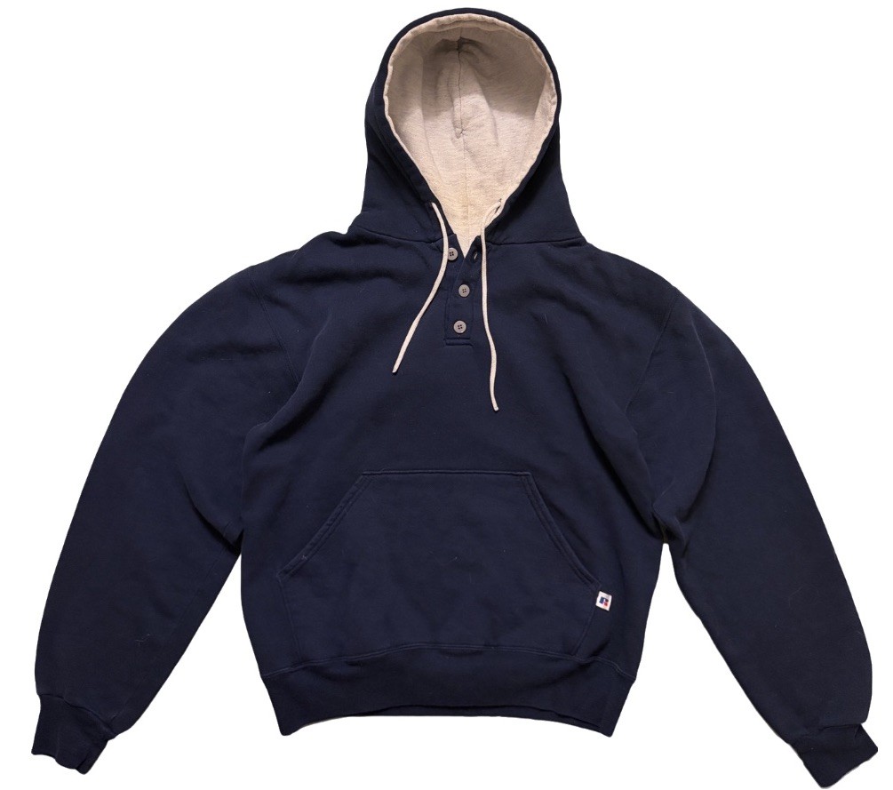 Vintage 1990s Navy Blue Russell Athletic Henley Hooded Sweatshirt Size Medium Vintage 1990s Navy Blue Russell Athletic Henley Hooded Sweatshirt Size Medium
