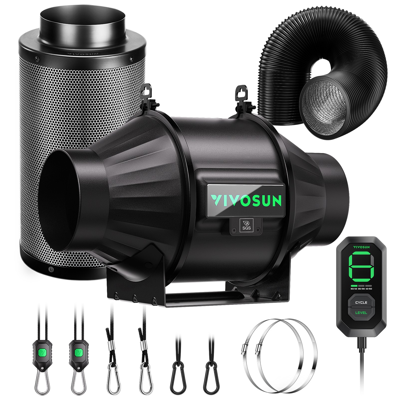 VIVOSUN AeroZesh T4 4\'\' 210 CFM Inline Duct Fan w/E12,Carbon Filter & 8\' Ducting