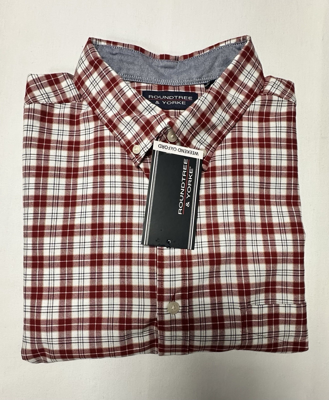 Roundtree Yorke Men Shirt XLT  100% Cotton Button Short Sleeve Plaid Red White