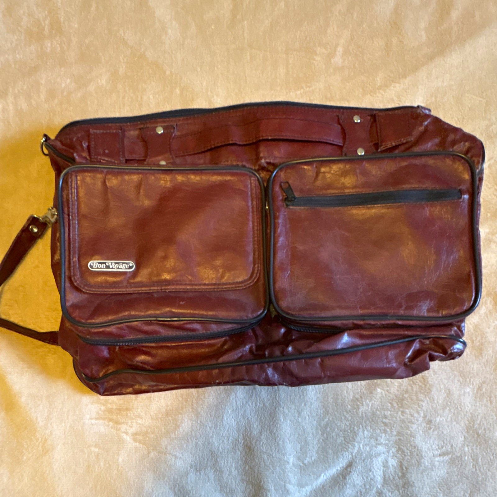 Bon Voyage Vintage Brown Faux Leather Travel Duffel Bag Shoulder Strap