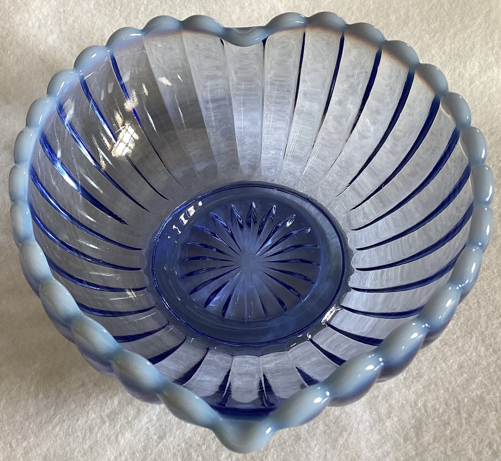 Fenton Glass Ribbed Periwinkle Blue Opalescent Heart  Shaped 5 1/2\