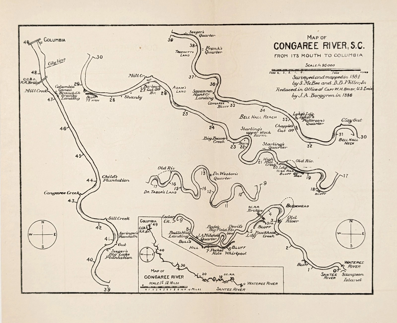 1886 CONGAREE River - South Carolina Map Columbia - Santee River U.S. Engineers