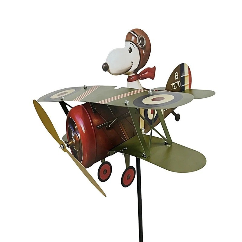 Snoopy Pilot Flying Biplane Wind Spinner - Vintage Metal Garden Windmill Decor
