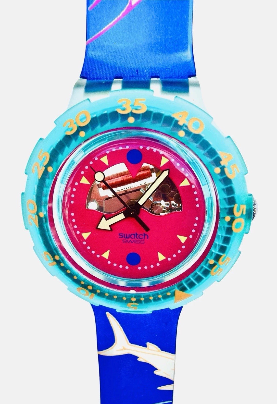 Vintage Swatch Watch HAPPY FISH SDN101 1991 Scuba Diver Glow In The Dark Dial