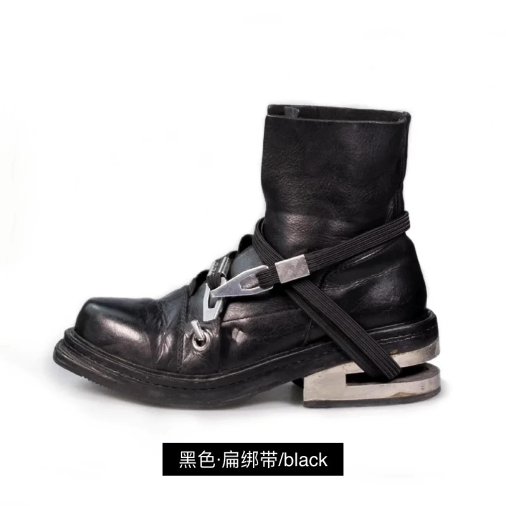 Men\'s Motorcycle Boots Metal Chunky Heel Mid-Calf Round Toe Western Boots Couple