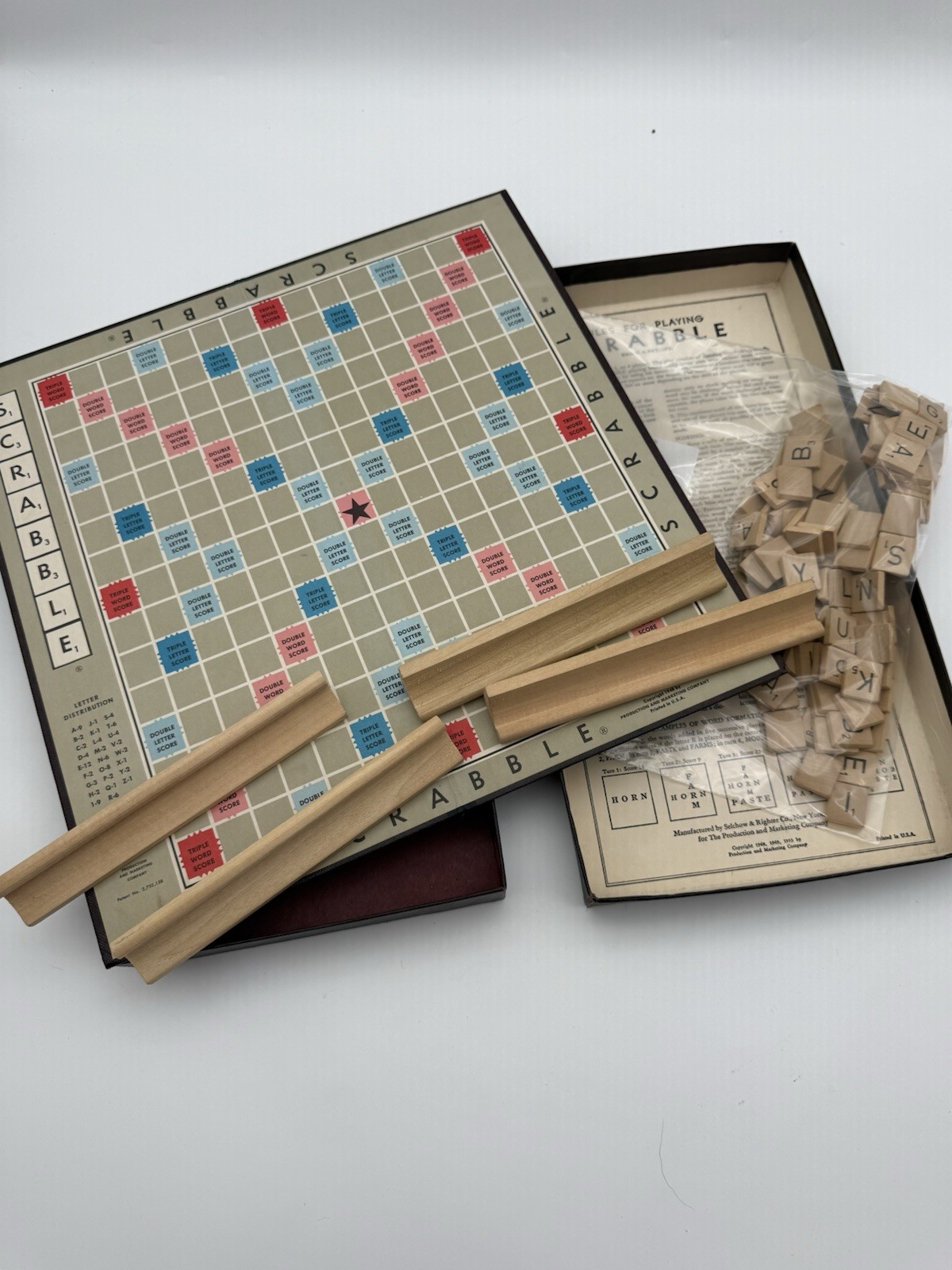 Vintage 1948-1953 Scrabble Board Game Selchow & Righter Wood Tiles USA Complete