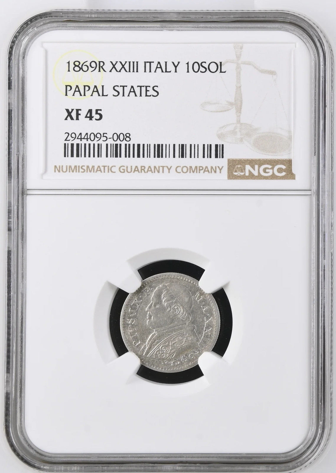 1869-R (Large) ITALIAN STATES Silver 10 SOLDI NGC XF-45 R XXIII PAPAL STATES