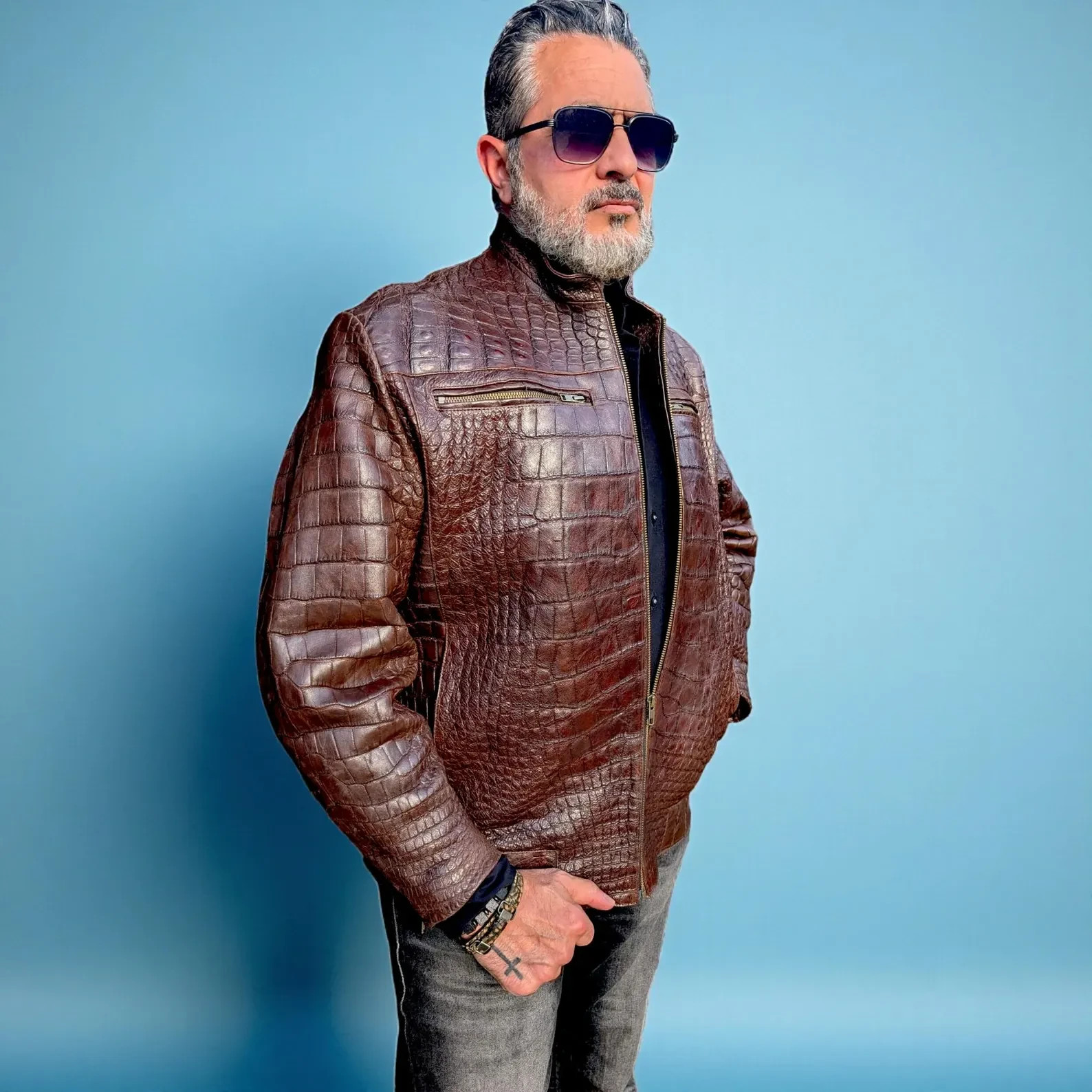 Men\'s Alligator Leather Bomber Jacket – Handmade Luxury Outerwear
