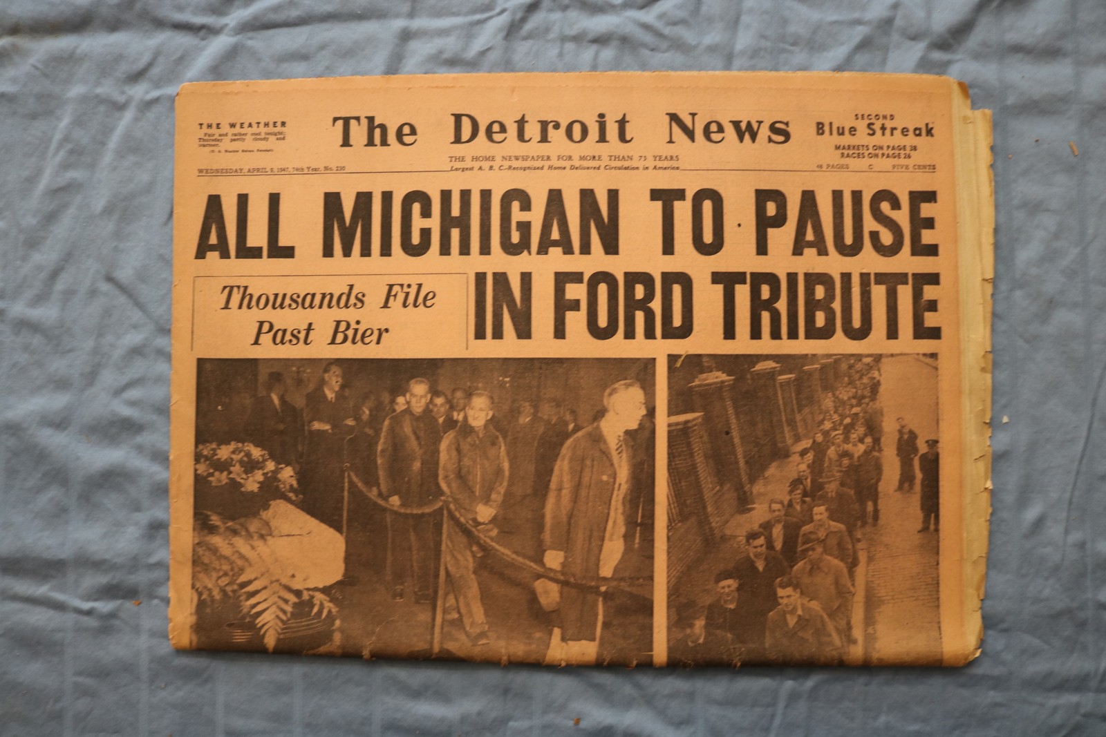 1947 APRIL 9 THE DETROIT NEWS NEWSPAPER-ALL MICHIGAN HENRY FORD TRIBUTE -NP 9218