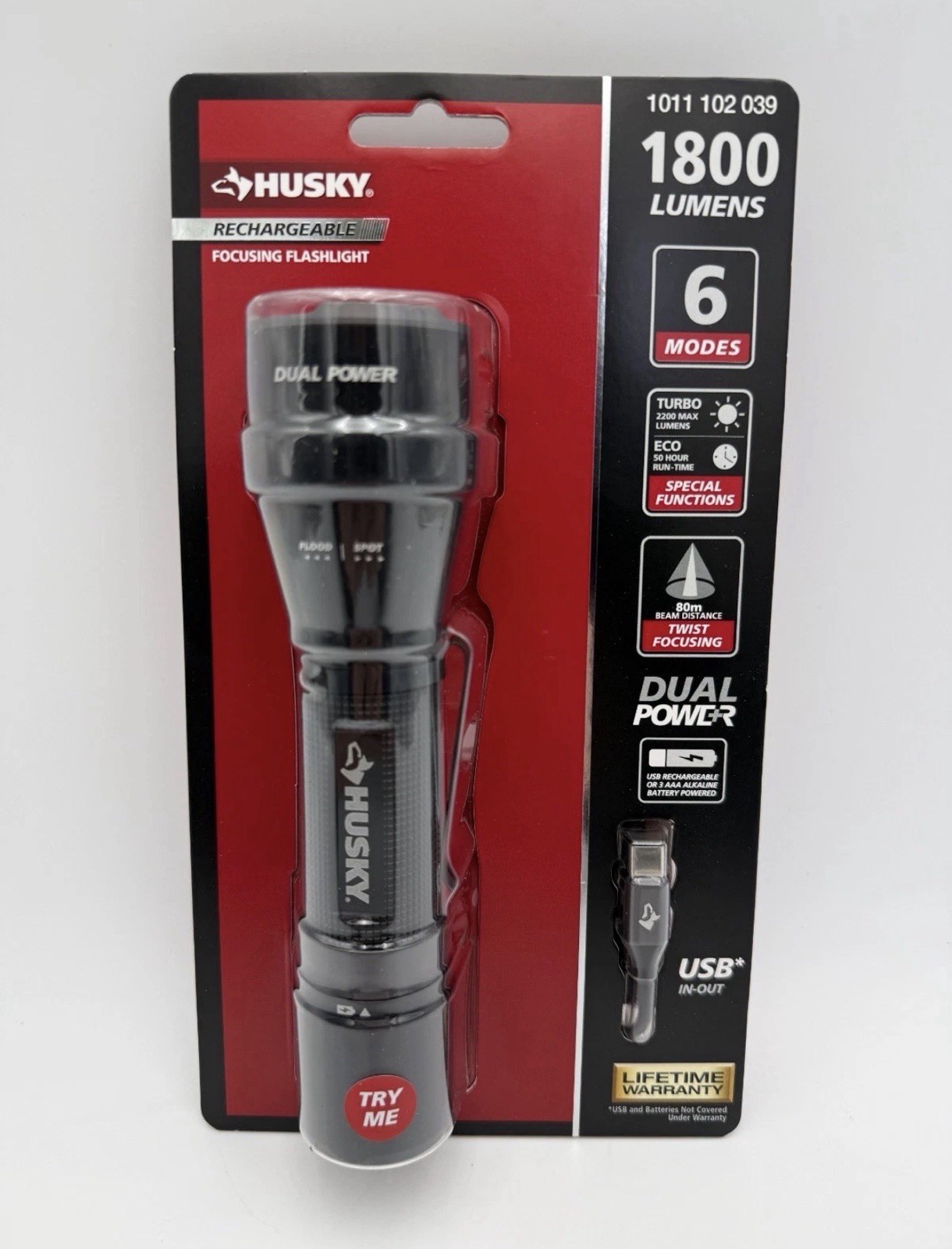 Husky 1800 Lumens Dual Power LED Rechargeable Tactical Focusing Flashlight