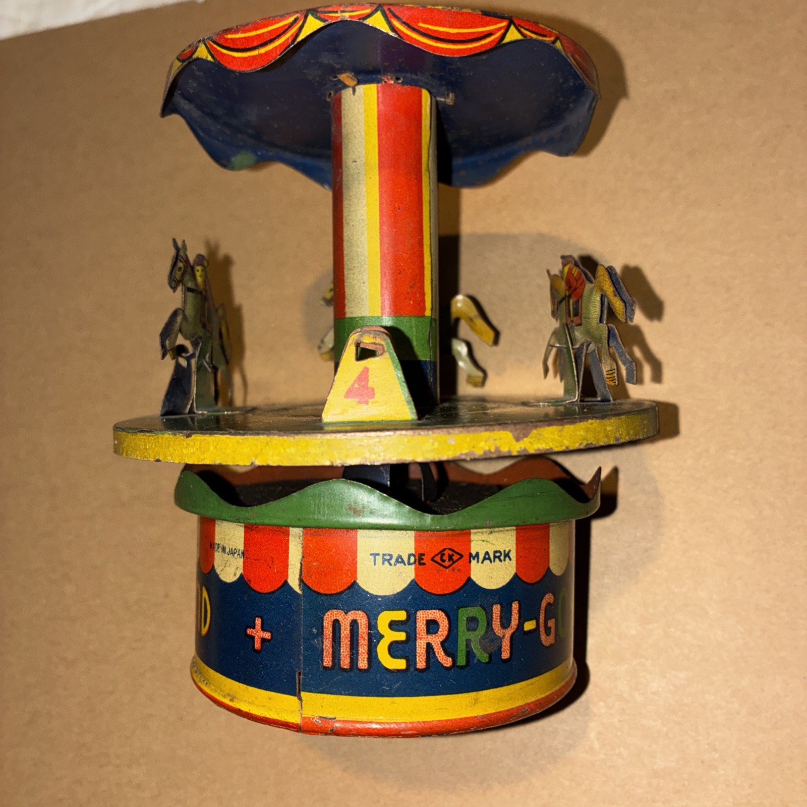 Vintage 1950s CK Japan Tin Merry Go Round Carousel Horses