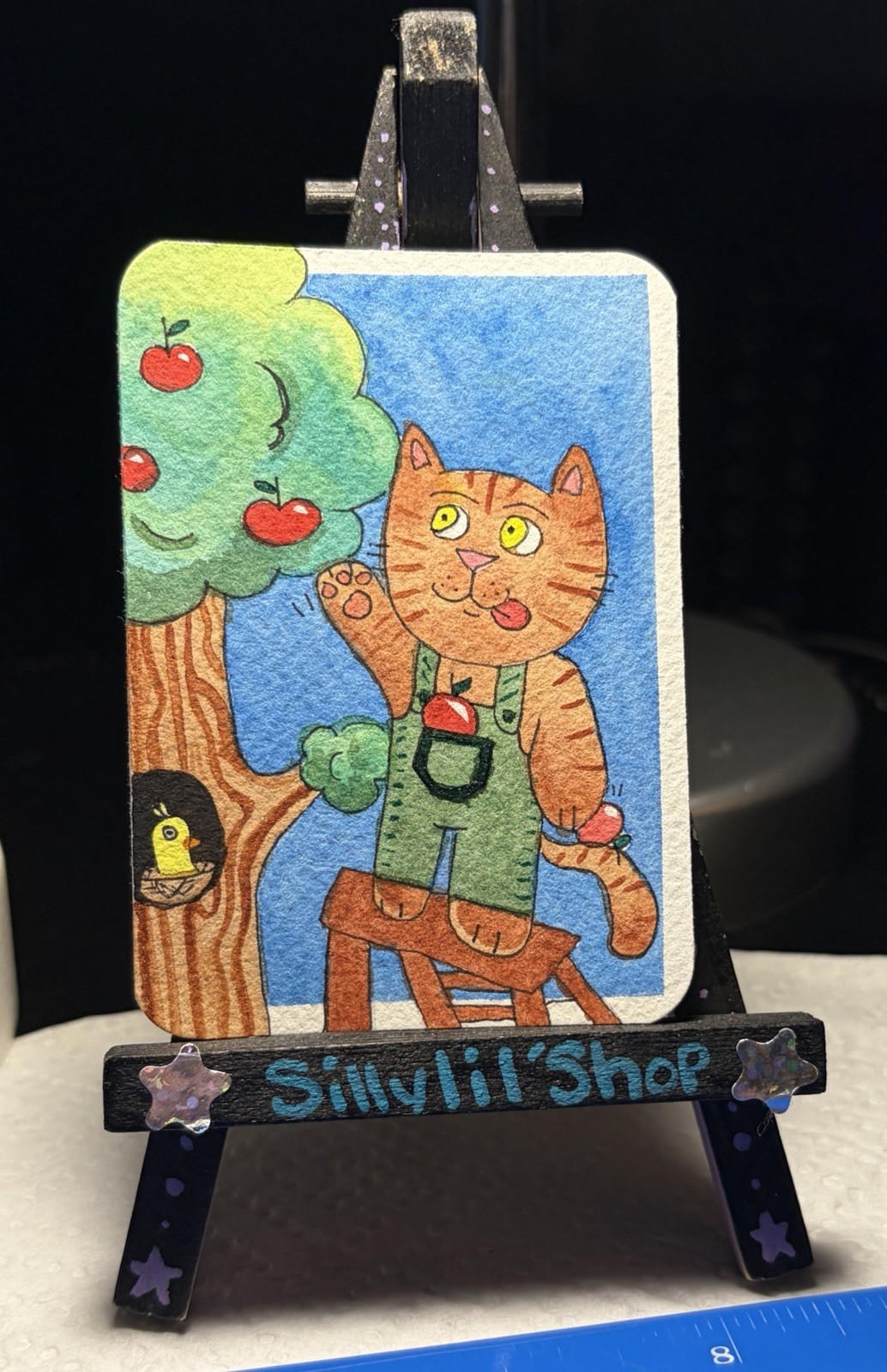ACEO Original Watercolor Art card By Sillylilshop Apple Picking Cat ACEO Original Watercolor Art card By Sillylilshop Apple Picking Cat