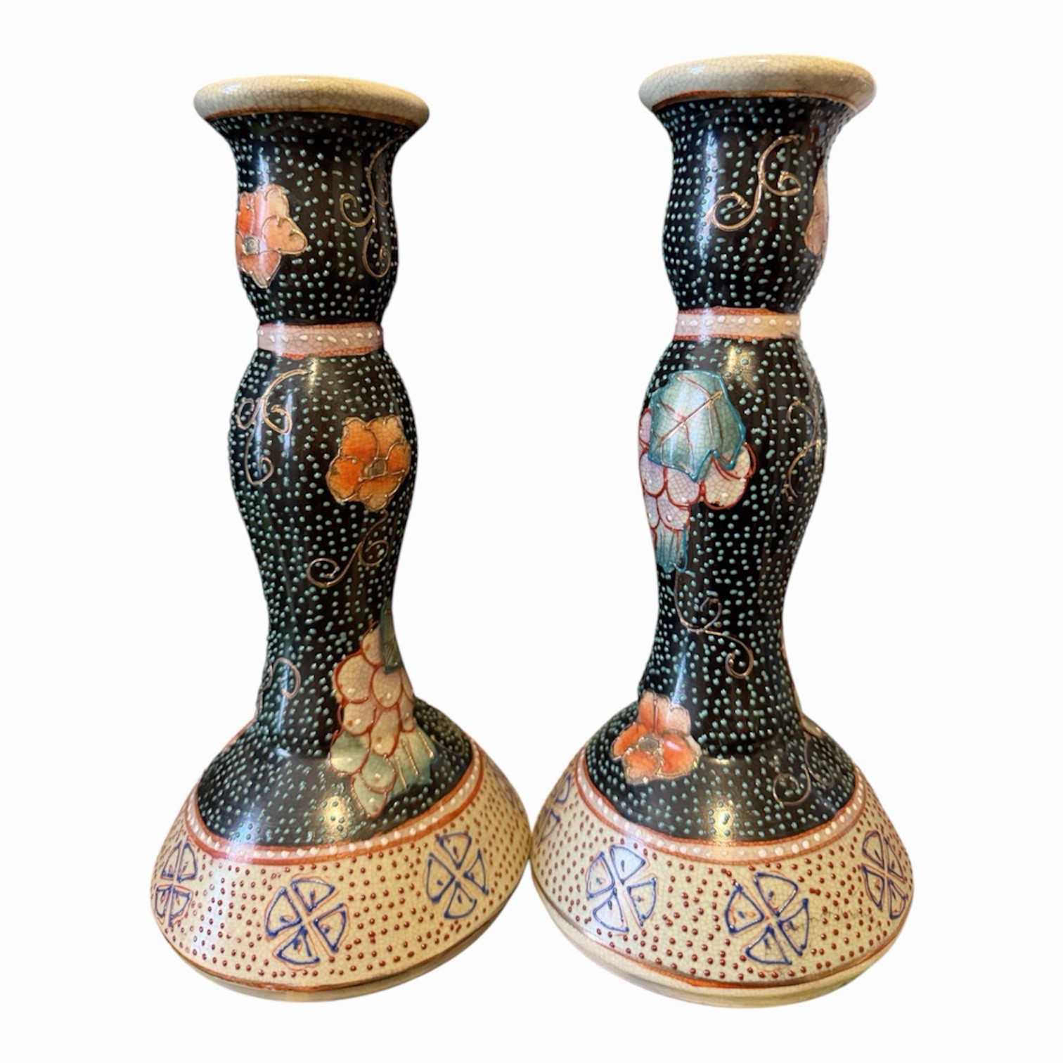 Vintage Royal Satsuma Candlesticks Pair Hand Painted Moriage Porcelain Chinese Vintage Royal Satsuma Candlesticks Pair Hand Painted Moriage Porcelain Chinese