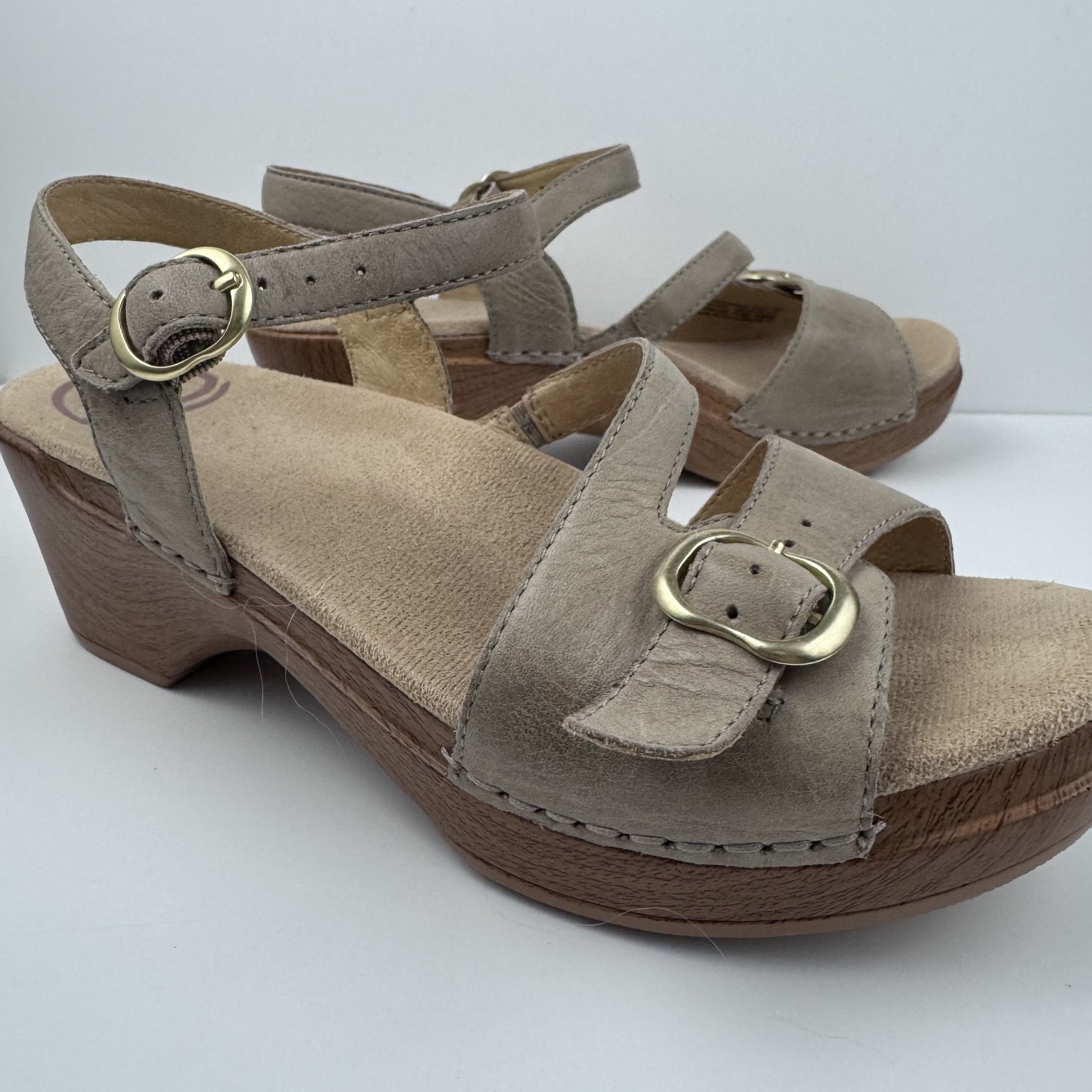 Dansko Sandi Tan Leather Ankle - Strap Wedge Sandal, Metallic Gold Toned Buckles Dansko Sandi Tan Leather Ankle - Strap Wedge Sandal, Metallic Gold Toned Buckles