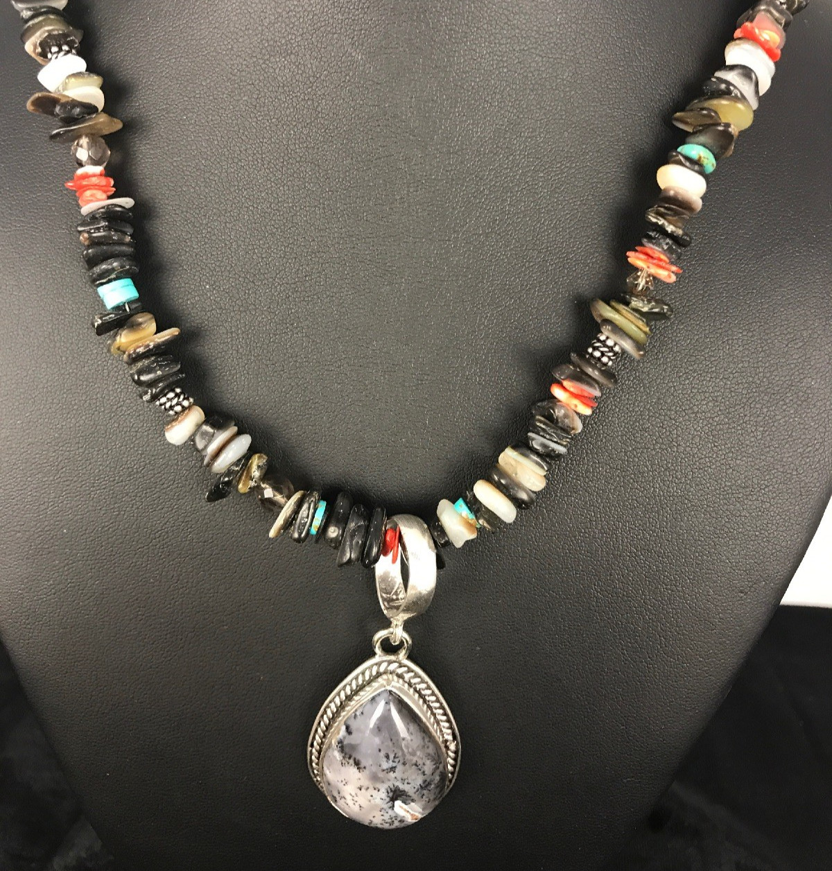 Abalone Pendant Turquoise, Spiny Oyster Navajo Sterling Silver Necklace 11886