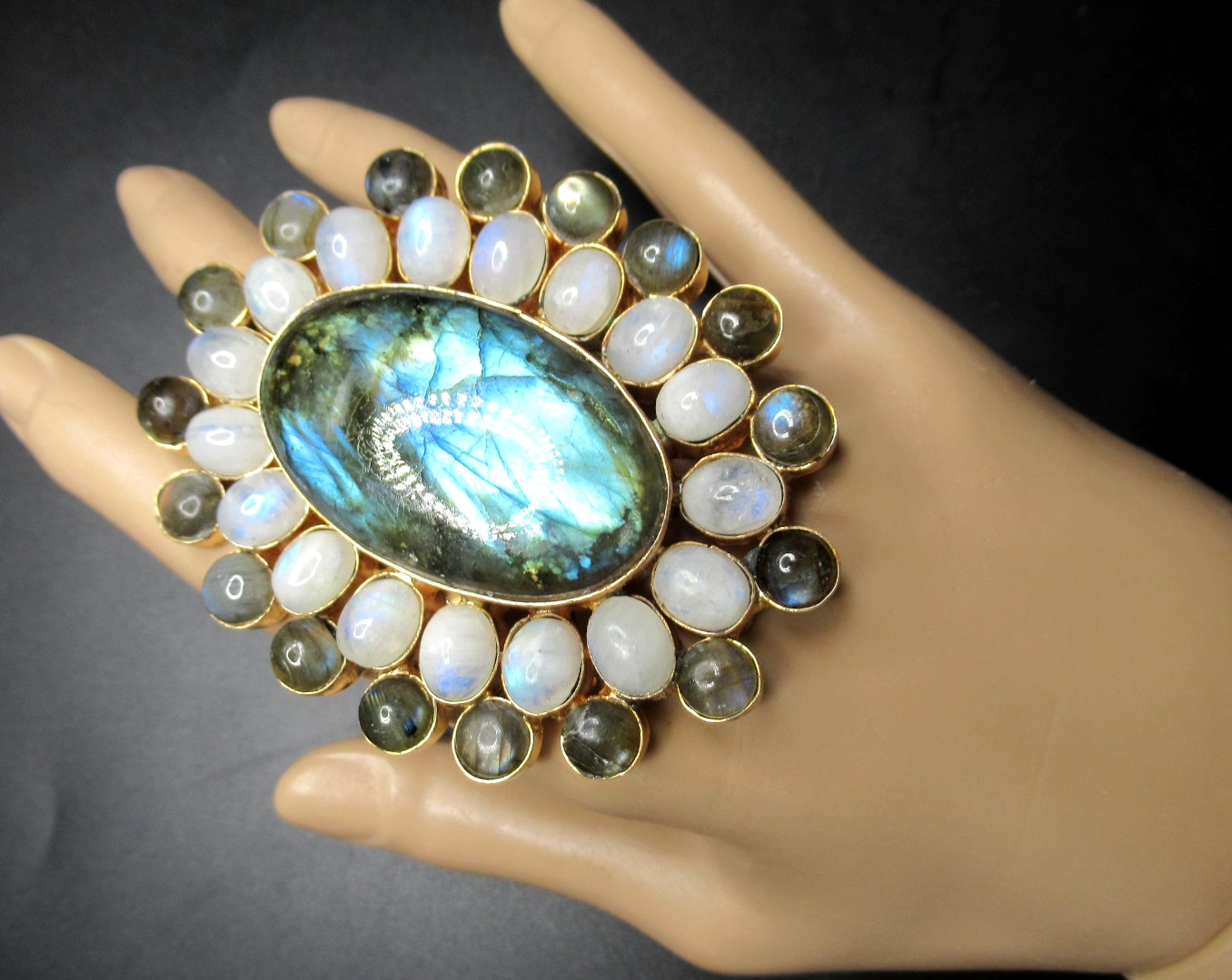 MASSIVE Genuine Labrodorite and Moonstone Starburst Gold Plate Adjustable Ring