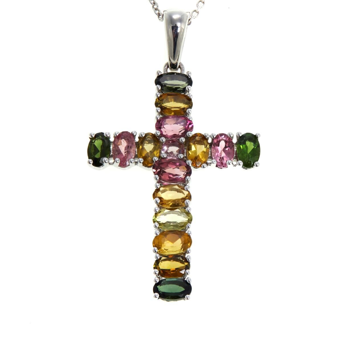 Rarities Carol Brodie Rainbow Tourmaline Sterling Silver Cross Necklace