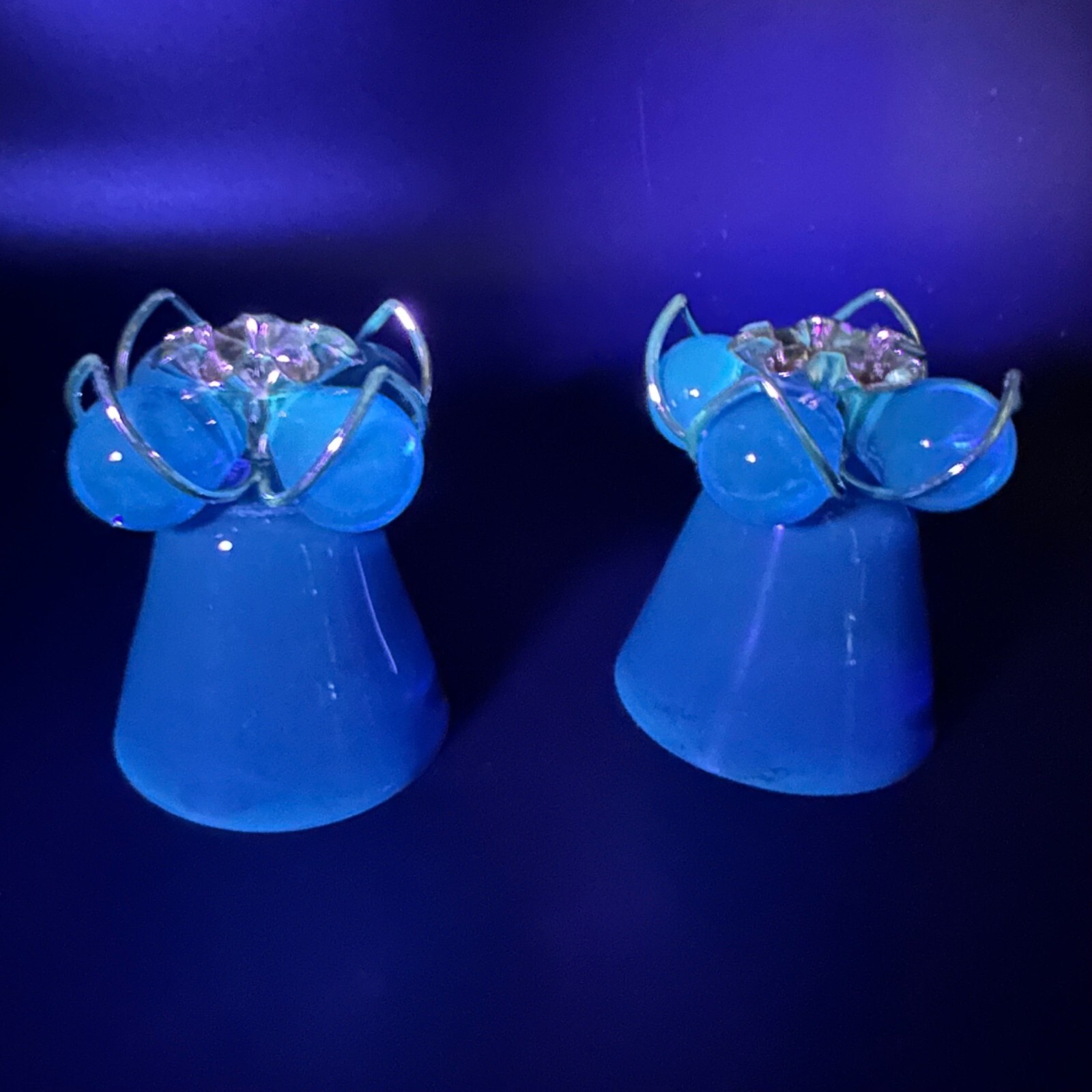 Vintage MCM Lucite Acrylic Blue Candle Holders Metal Accents Grapes UV Glows