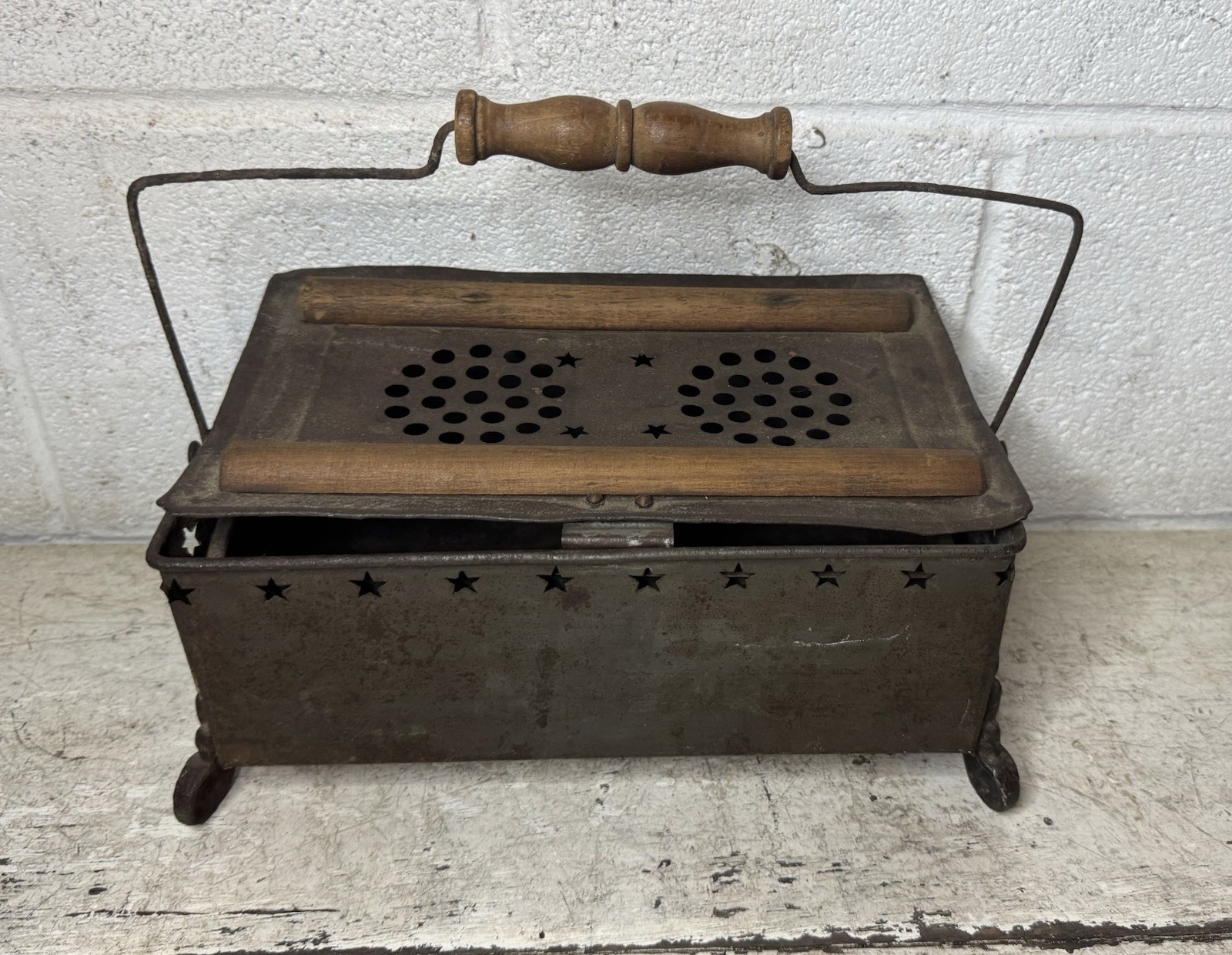 Antique Primitive Foot Warmer Punched Tim Starts Wood Cast Iron Handle Insert