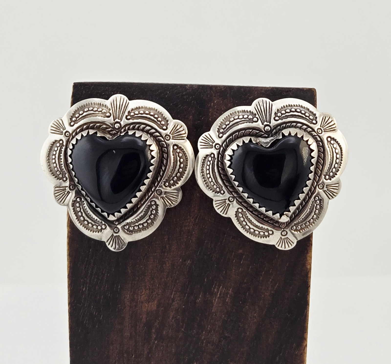 Vintage Quoc Trading QT Sterling Silver Onyx Heart Stamped Earrings - 9g