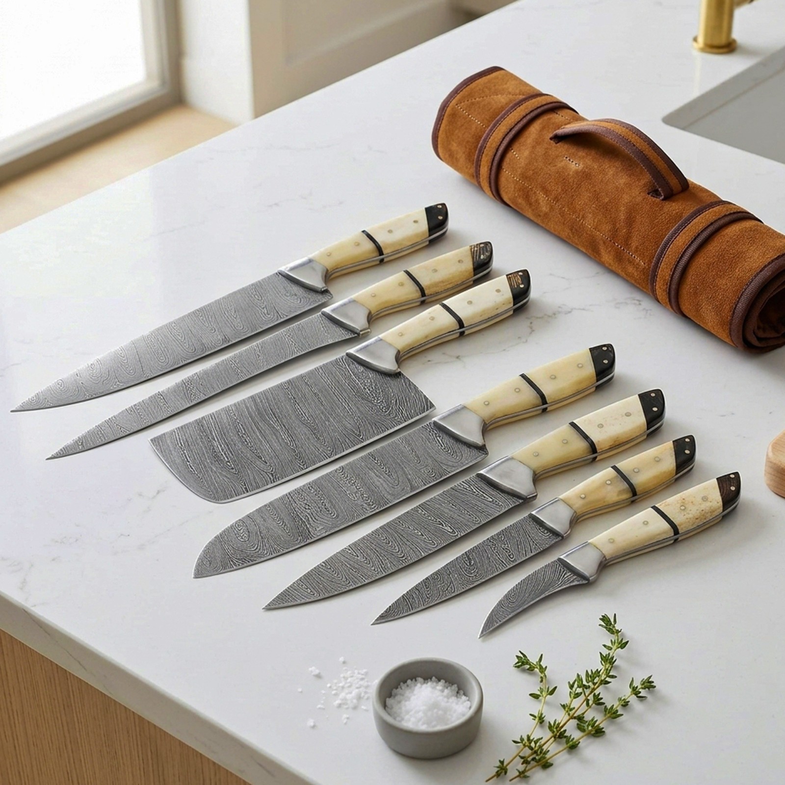 Hand Forged Damascus Steel Professional Kitchen Knives 7pc Set with Leather Bag